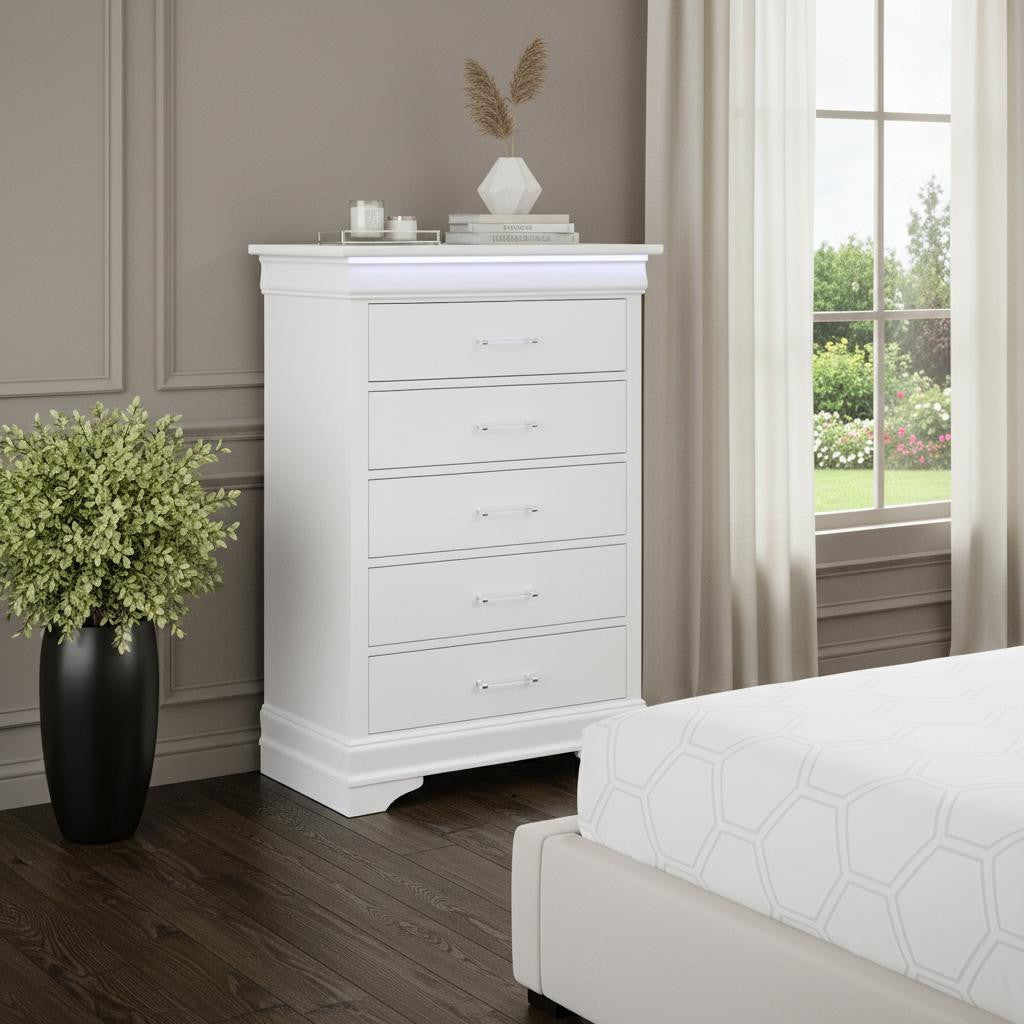 16" White Solid Wood Five Drawer Chest with LED Lighting - Bed & Bath