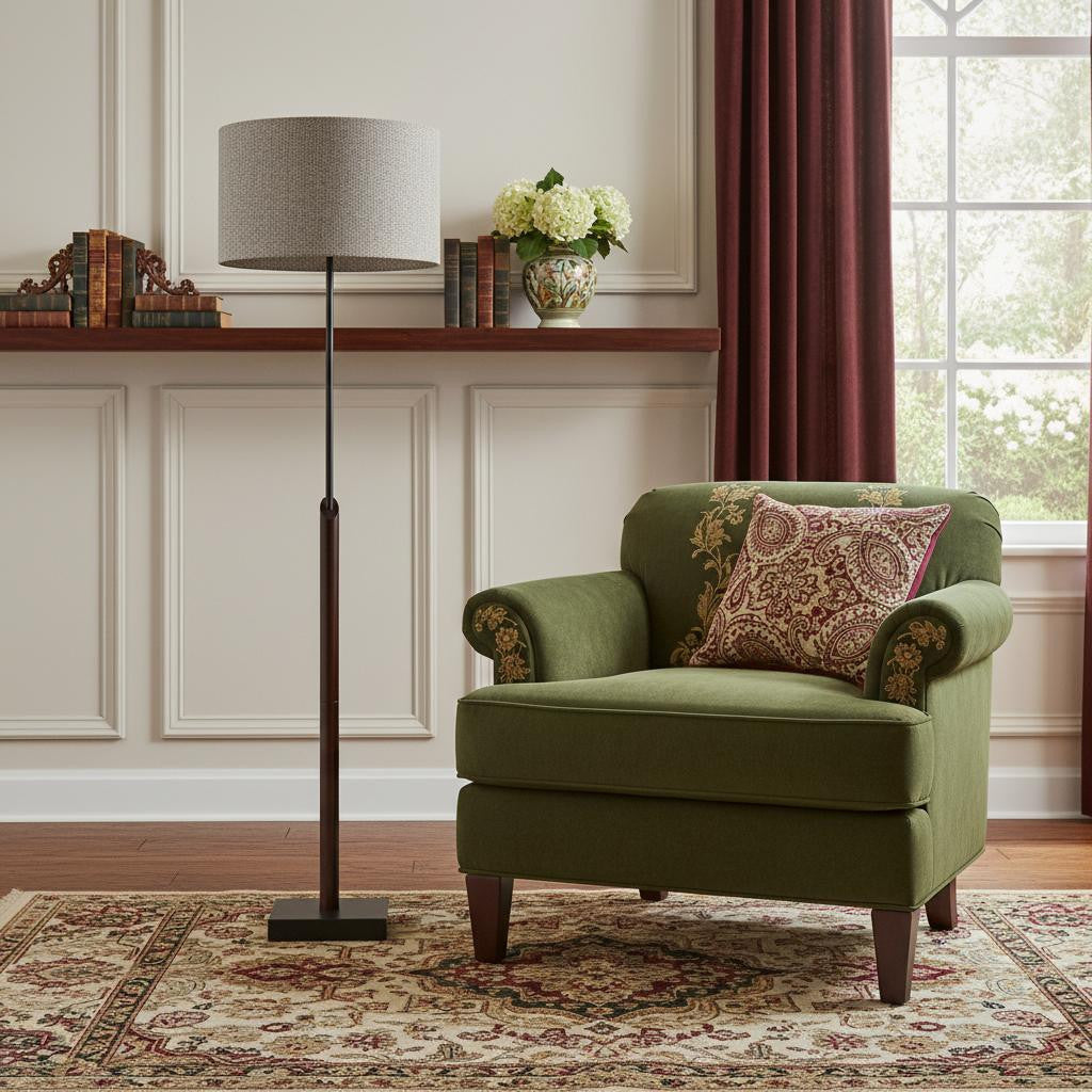 63" Beige And Black Floor Lamp With Beige Fabric Drum Shade - Lighting