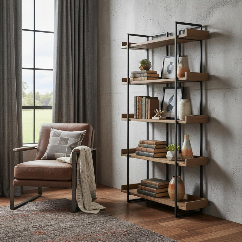 75" Black And Brown Metal and Wood Five Tier Bookcase - Office