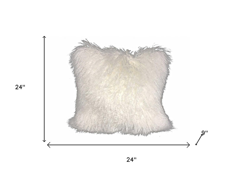 24" Bright White Genuine Tibetan Lamb Fur Pillow With Microsuede Backing - Home Decor