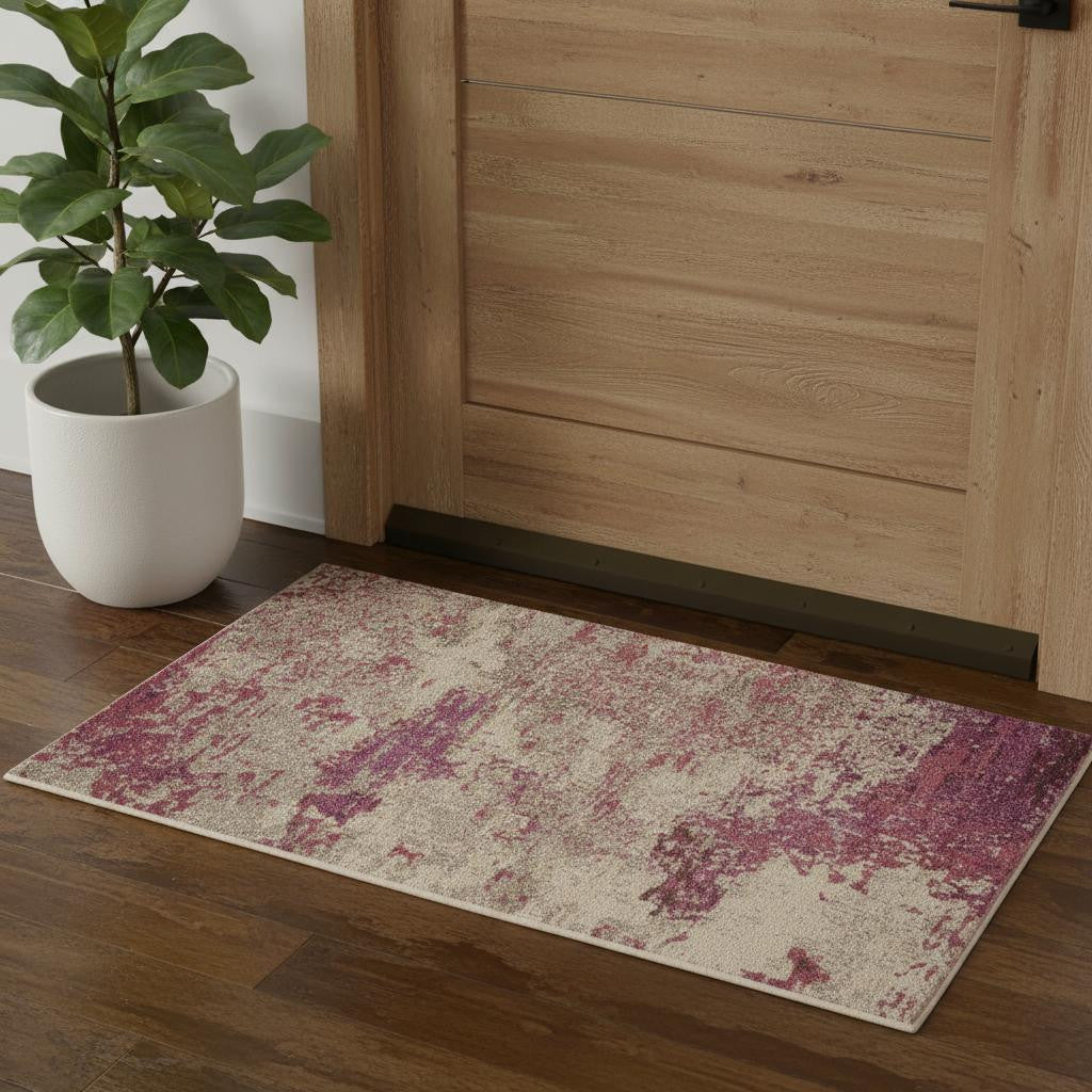 3' X 5' Ivory And Pink Abstract Power Loom Non Skid Area Rug - Home Decor