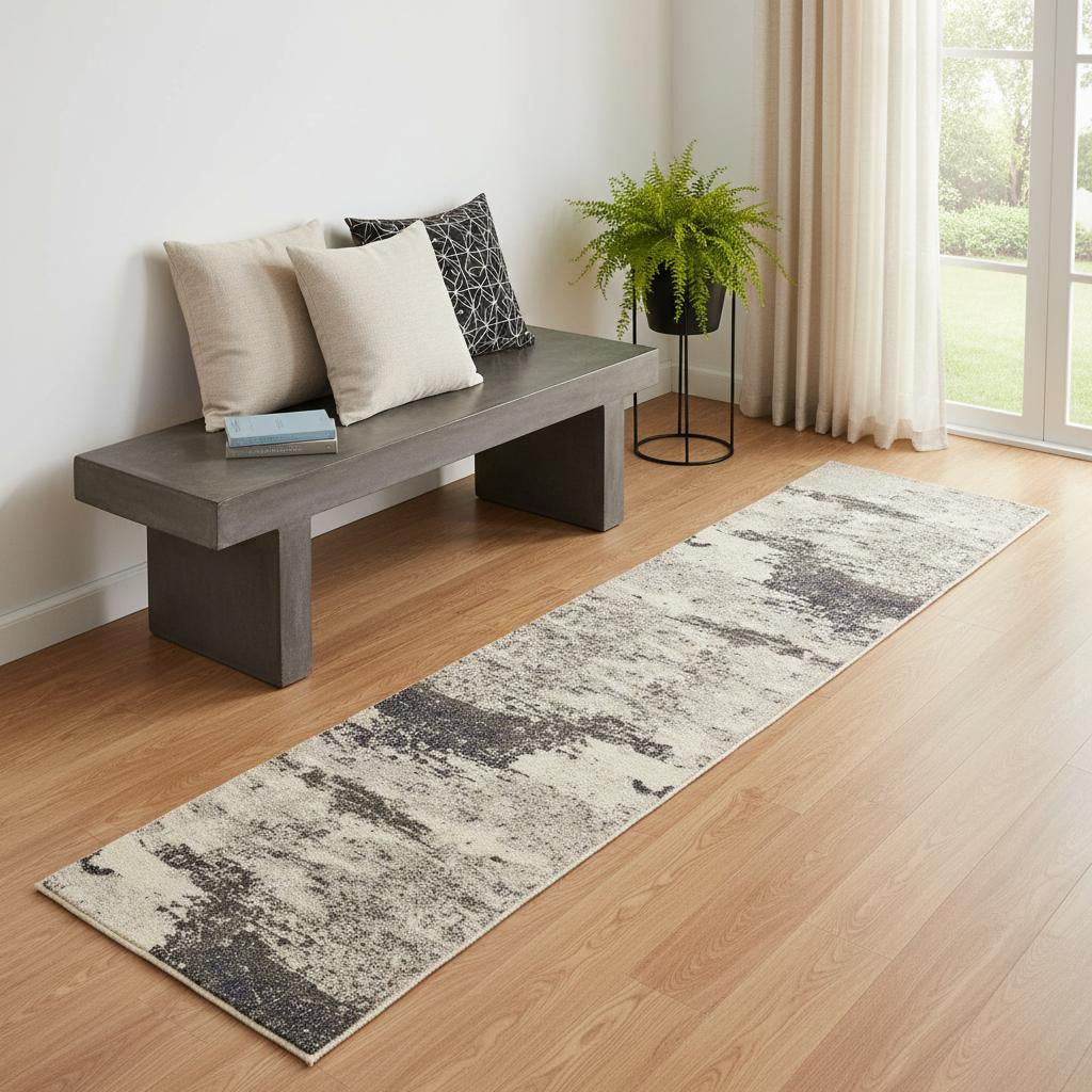 2' X 6' Ivory And Grey Abstract Power Loom Non Skid Runner Rug - Home Decor