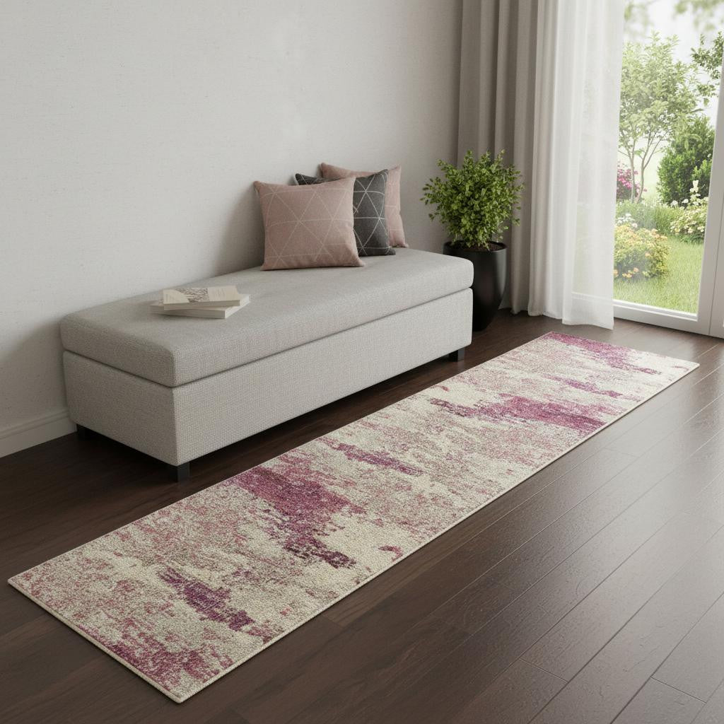 2' X 6' Ivory And Pink Abstract Power Loom Non Skid Runner Rug - Home Decor