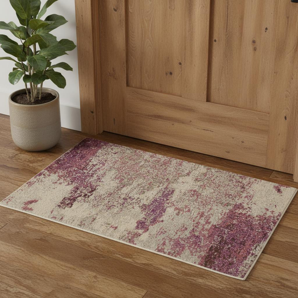 2' X 4' Ivory And Pink Abstract Power Loom Non Skid Area Rug - Home Decor