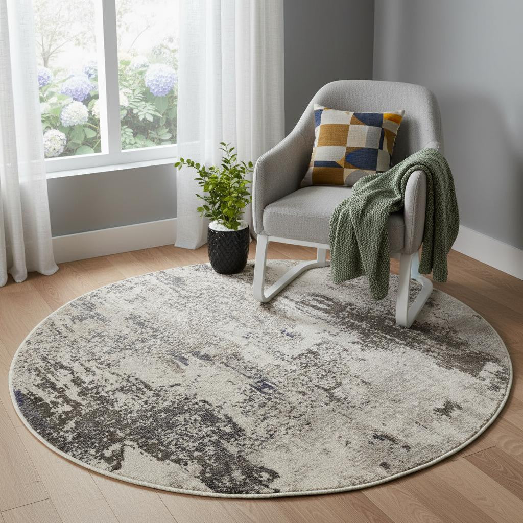 4' X 4' Ivory And Grey Round Abstract Power Loom Non Skid Area Rug - Home Decor