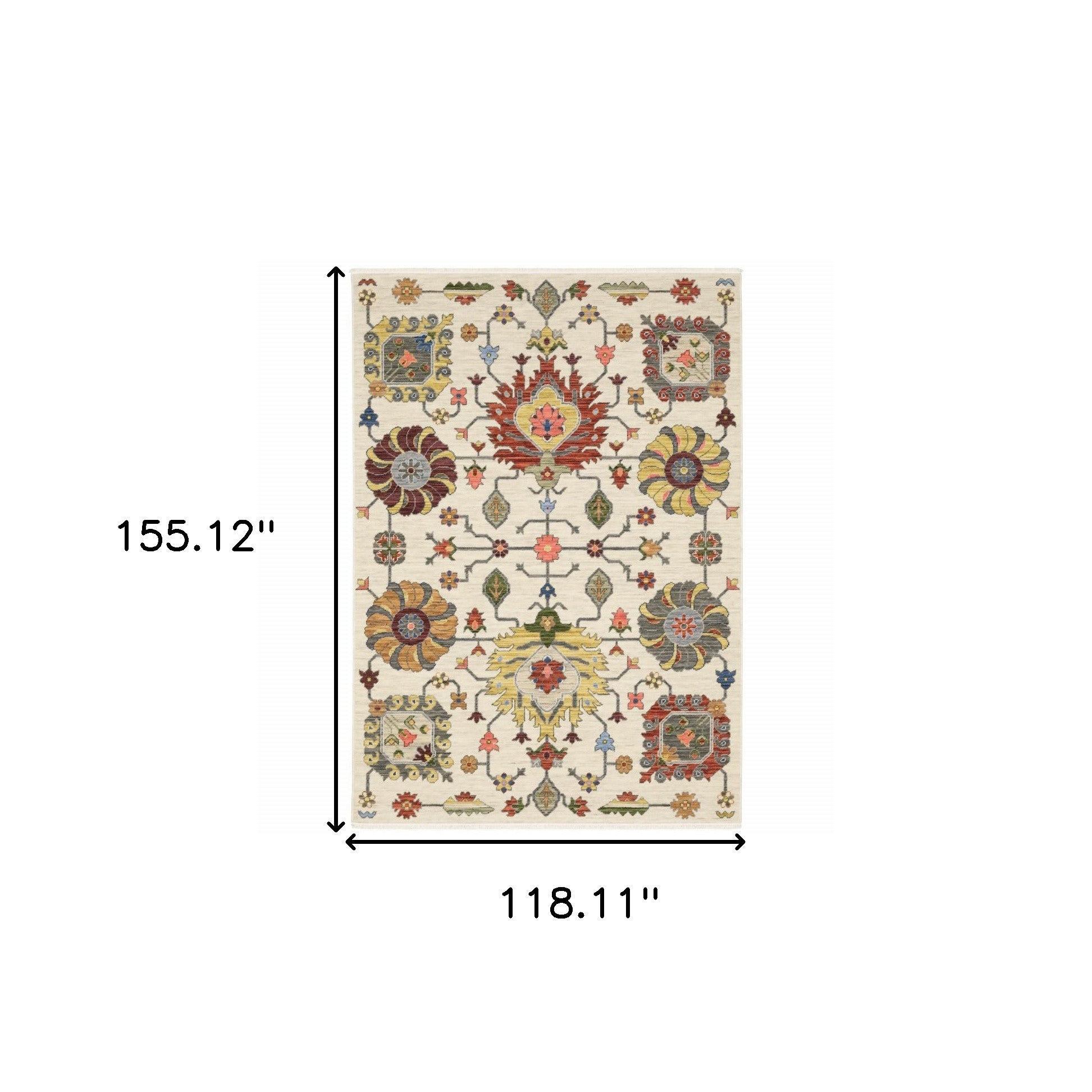 10' X 13' Ivory Yellow Rust Green Grey Pink Orange Blue And Grey Oriental Power Loom Stain Resistant Area Rug With Fringe -…