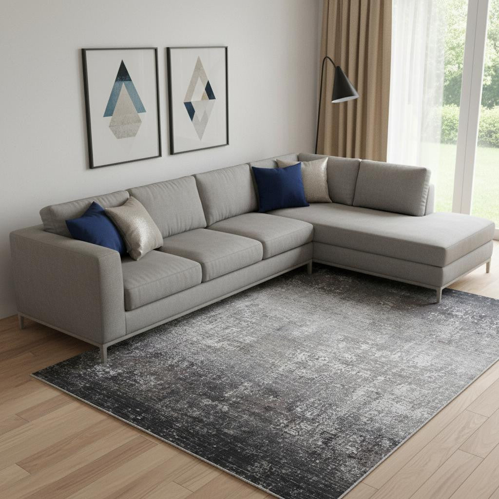 10' X 13' Gray Black And Silver Abstract Power Loom Distressed Area Rug With Fringe - Home & Garden