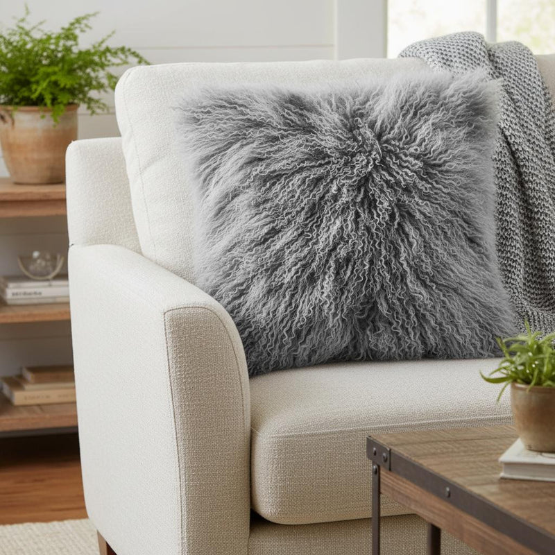 24" Grey Genuine Tibetan Lamb Fur Pillow With Microsuede Backing - Home Decor