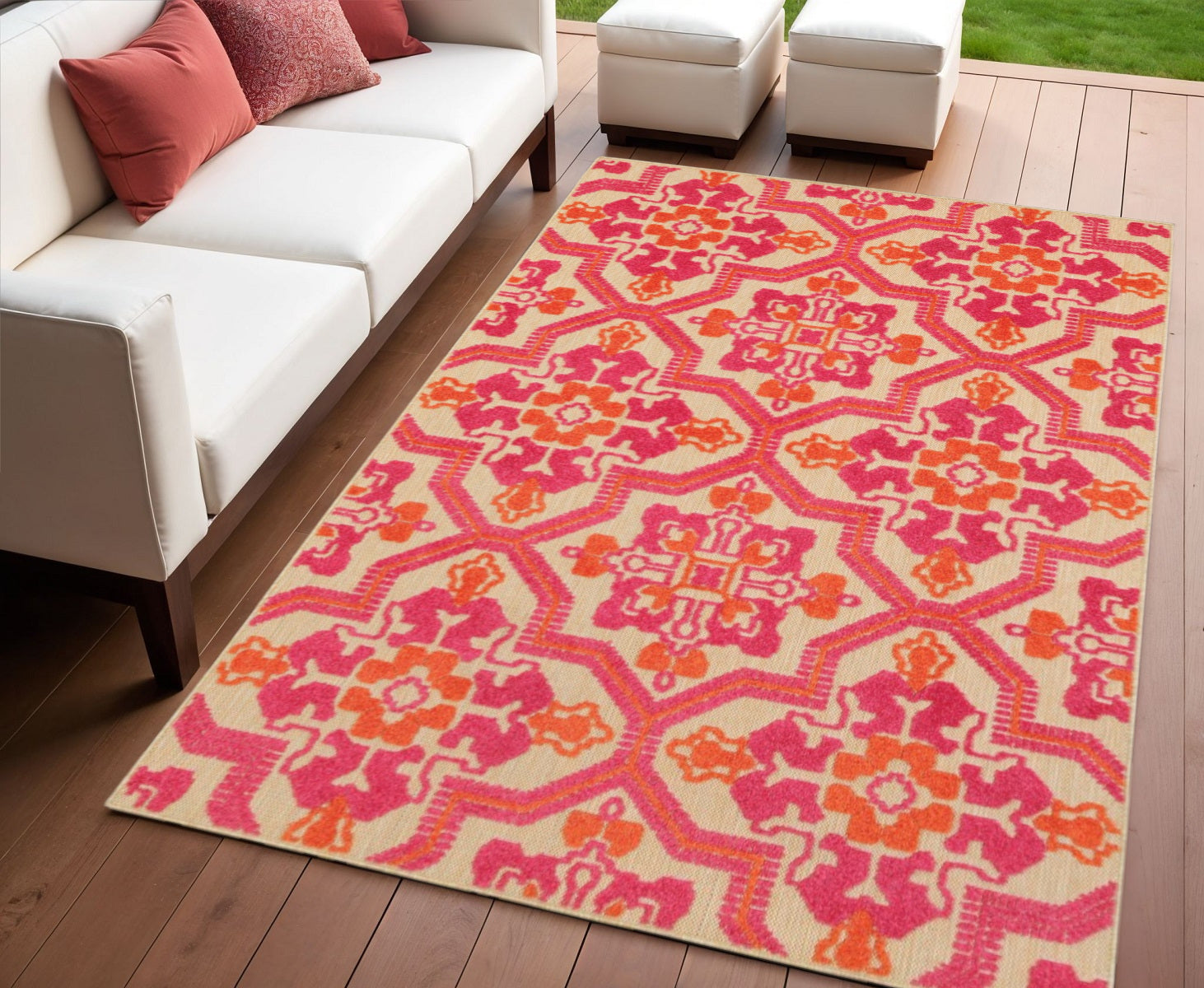 4' X 5' Pink and Orange Medallion Indoor Outdoor Area Rug - Outdoor