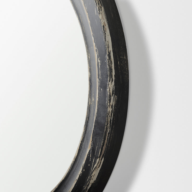 Black wood mirror frame edge with distressed silver finish and curved profile