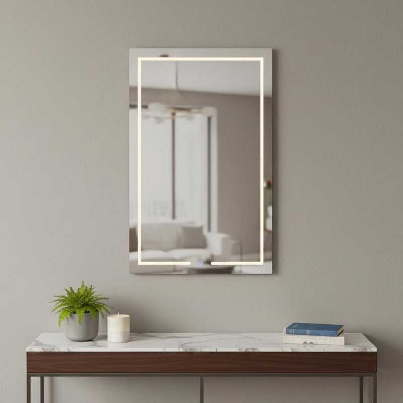 Lighted rectangular wall mirror with LED border, mounted above dresser