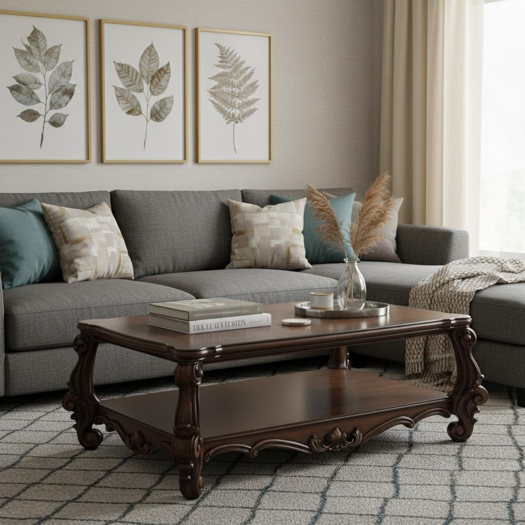 59" Brown and Dark Brown Wood Coffee Table With Shelf - Living Room