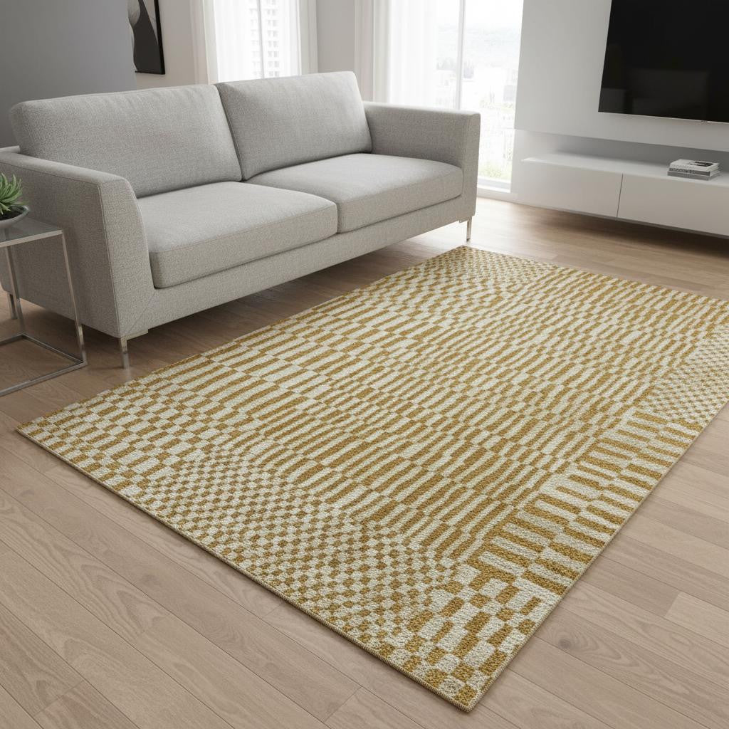 5' X 7' Gold And Beige Geometric Berber Washable Area Rug With UV Protection - Home & Garden