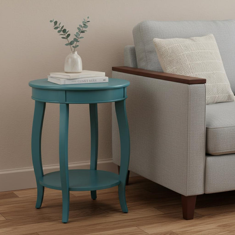 24" Teal Blue Solid Wood Round End Table With Shelf - Living Room