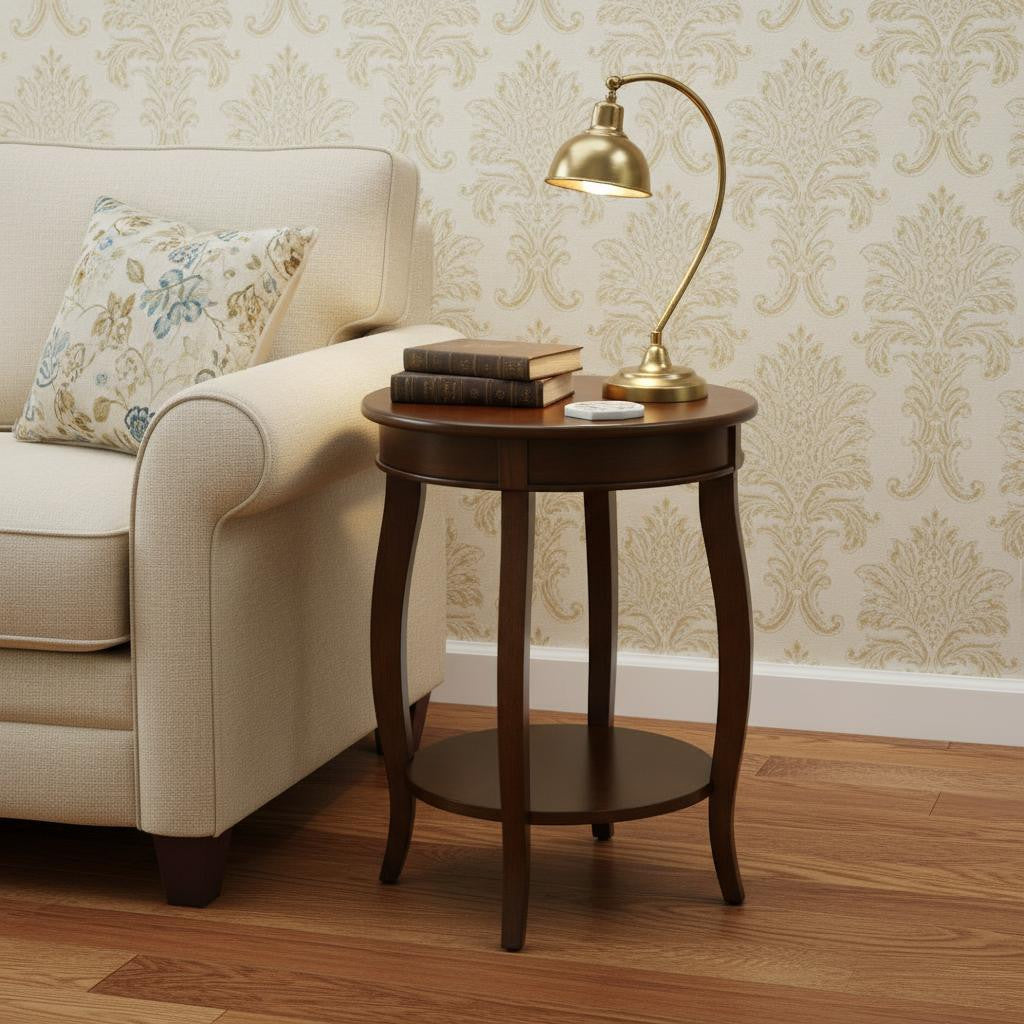24" Brown Solid Wood Round End Table With Shelf - Living Room