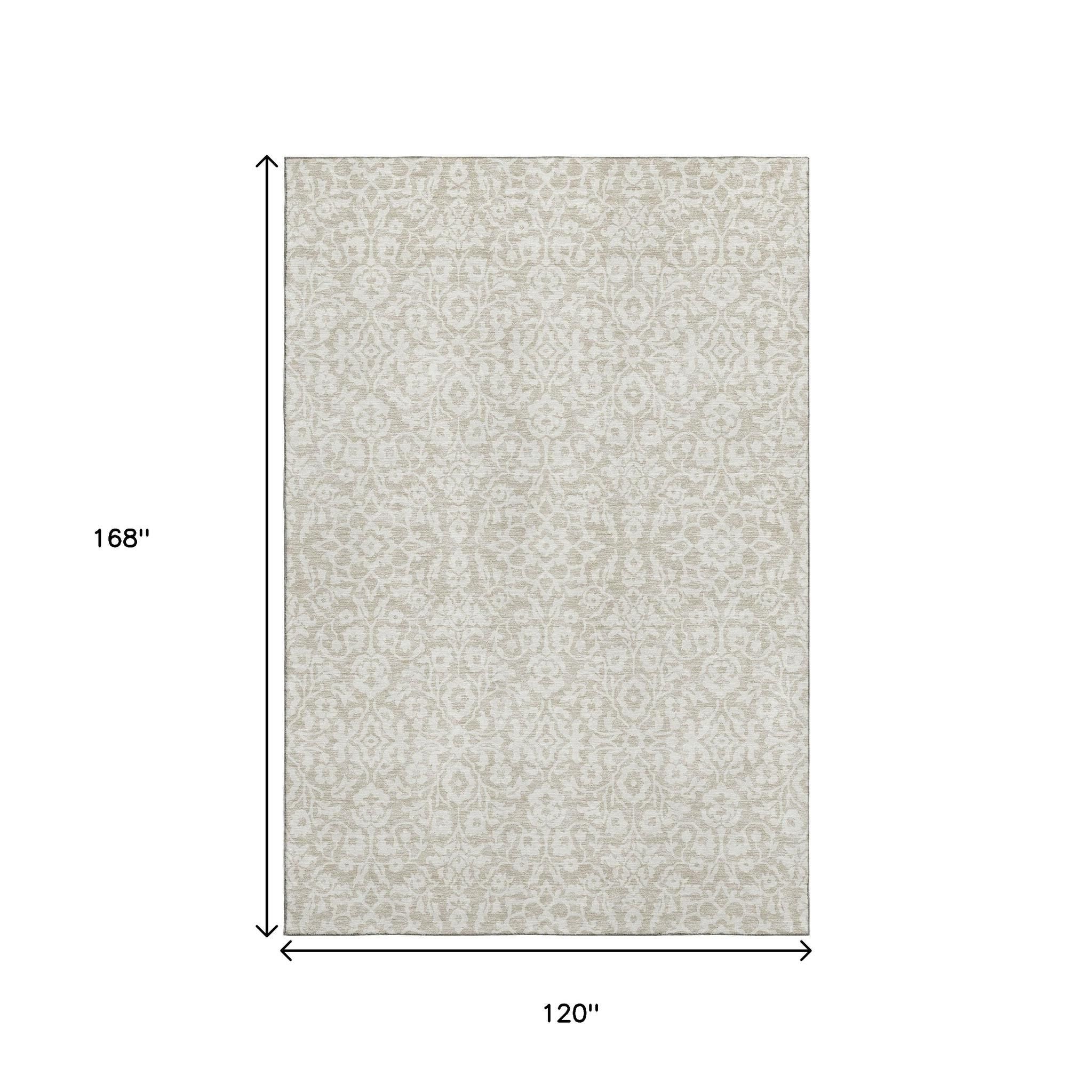 10' X 14' Beige And Ivory Damask Washable Area Rug With UV Protection - Home & Garden