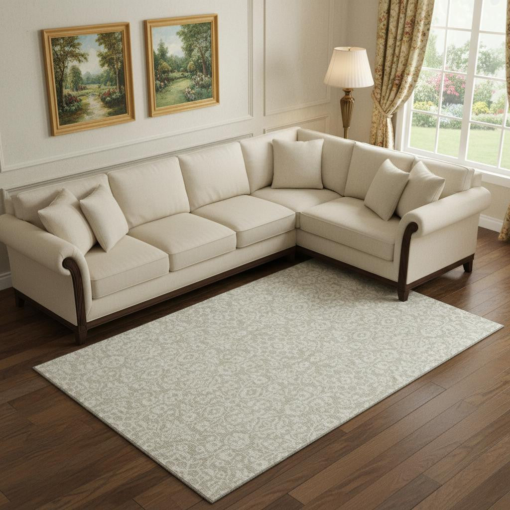 10' X 14' Beige And Ivory Damask Washable Area Rug With UV Protection - Home & Garden
