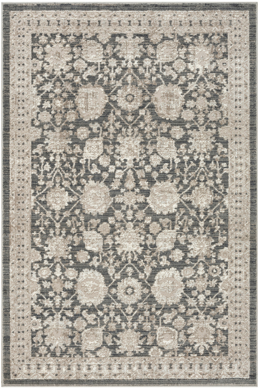 5' X 7' Ivory Gray And Charcoal Floral Distressed Non Skid Area Rug - Home & Garden