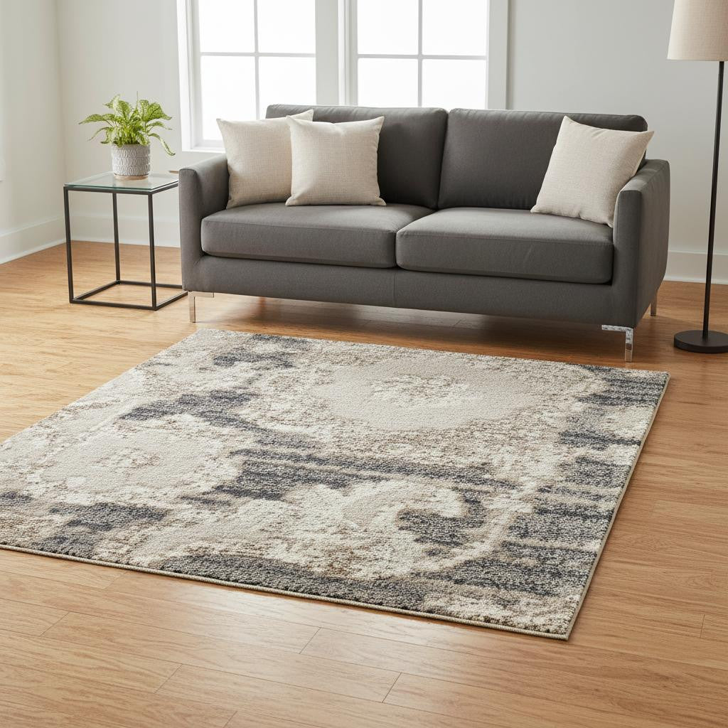 5' X 7' Ivory Gray And Charcoal Floral Distressed Non Skid Area Rug - Home & Garden