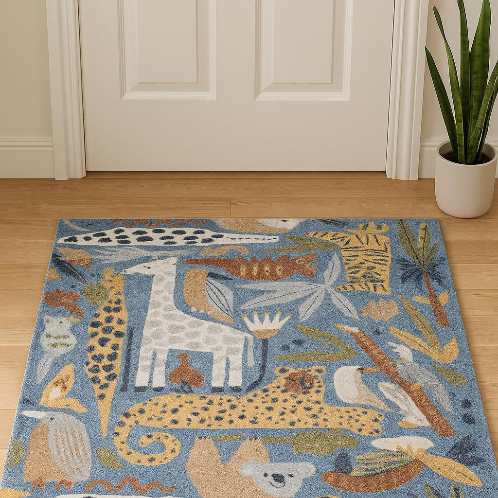 2' X 4' Ivory Blue And Brown Animal Print Area Rug - Home & Garden