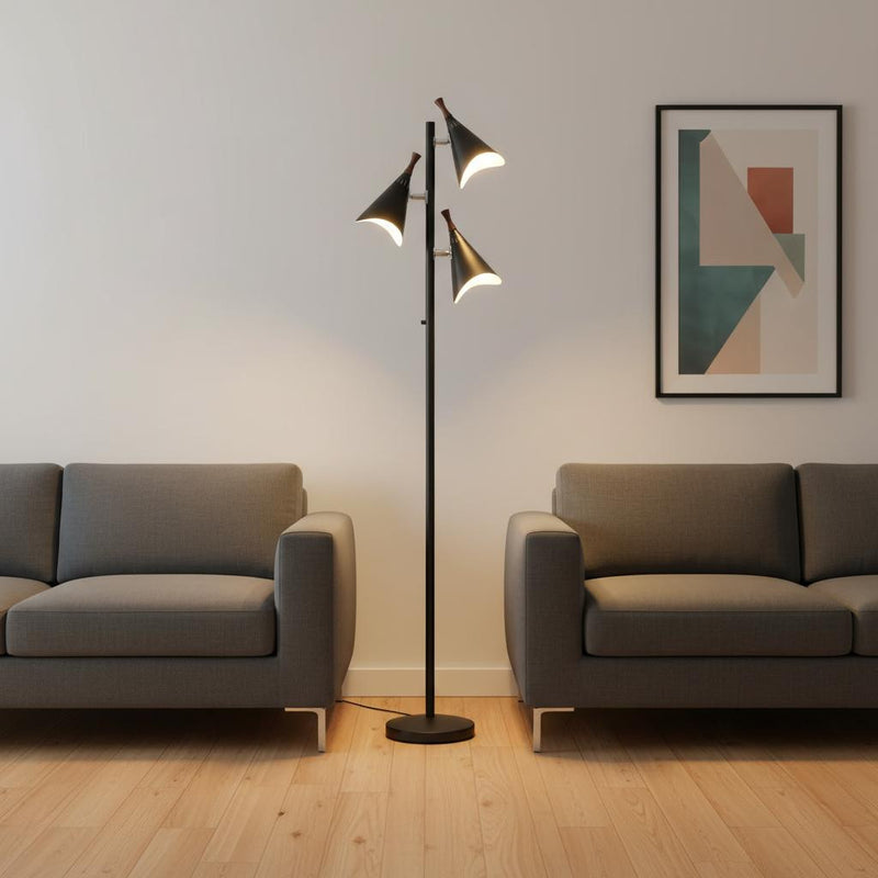 68" Black Three Light Tree Floor Lamp With Black Metal Cone Shade - Lighting