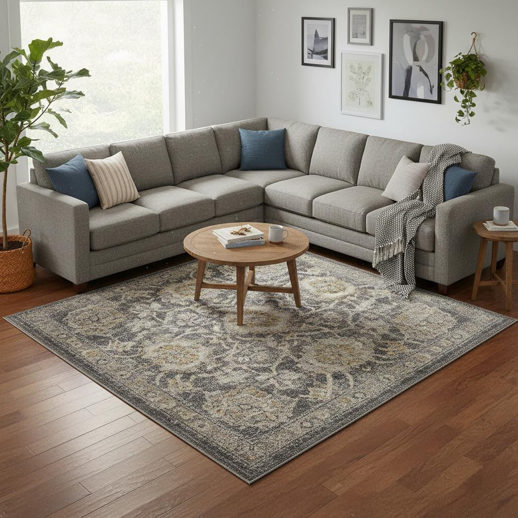 10' X 14' Gray Floral Distressed Area Rug - Home & Garden