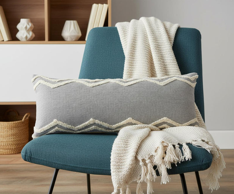 36" X 14" Gray And Cool Gray Lumbar Geometric Cotton Throw Pillow Cover - Home & Garden