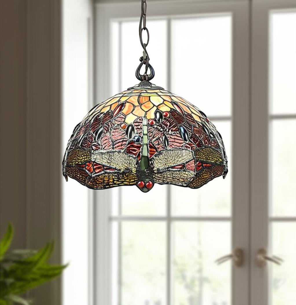 Red And White Unique Statement Two Light Glass Dimmable Chandelier With Red And White Shades - Lighting