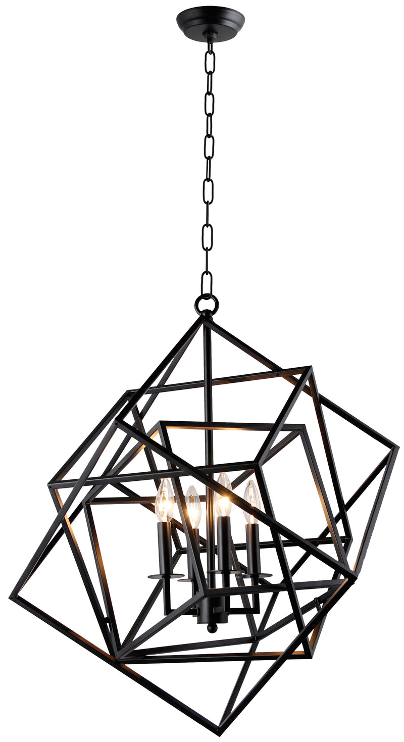 Black Unique Statement Four Light Metal Chandelier With Black Shades - Lighting