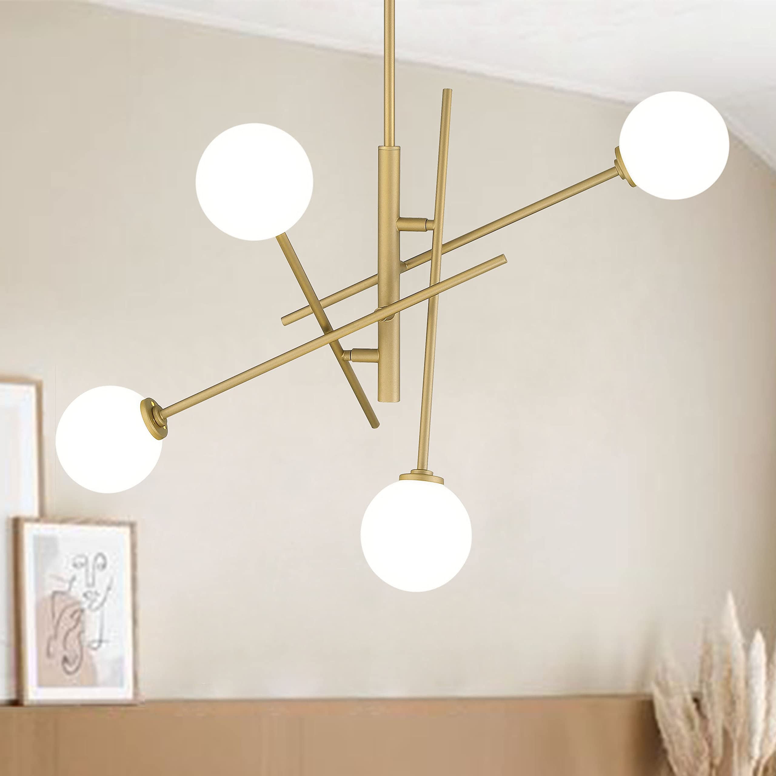 Brass Candle Style Four Light Metal Dimmable Chandelier With White Shades - Lighting