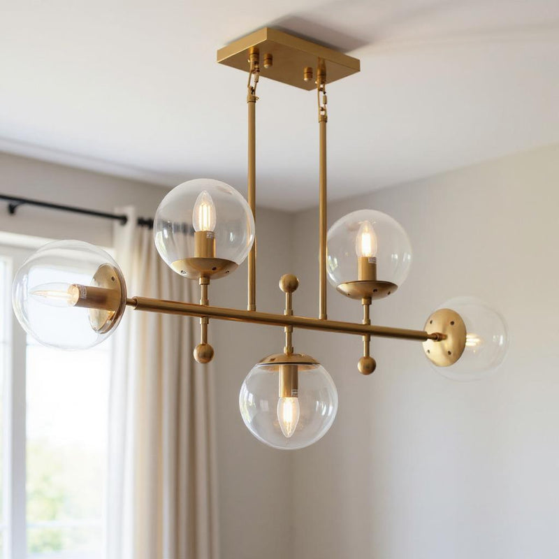 Brass Kitchen Island Five Light Metal and Transparent Glass Chandelier With Clear Shades - Lighting