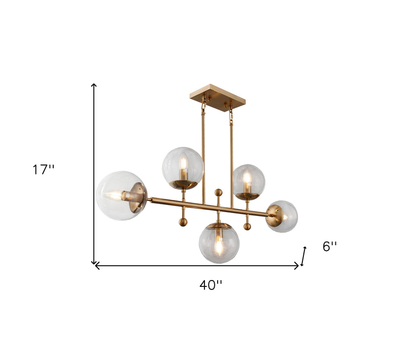 Brass Kitchen Island Five Light Metal and Transparent Glass Chandelier With Clear Shades - Lighting