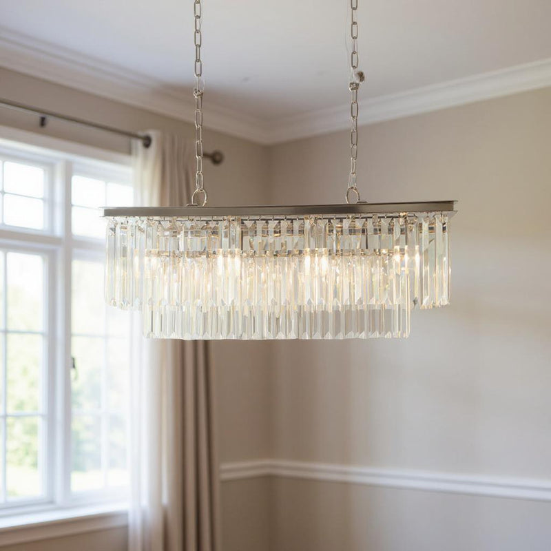 Black Unique Statement Eight Light Metal and Crystal Glass Chandelier With Clear Shades - Lighting