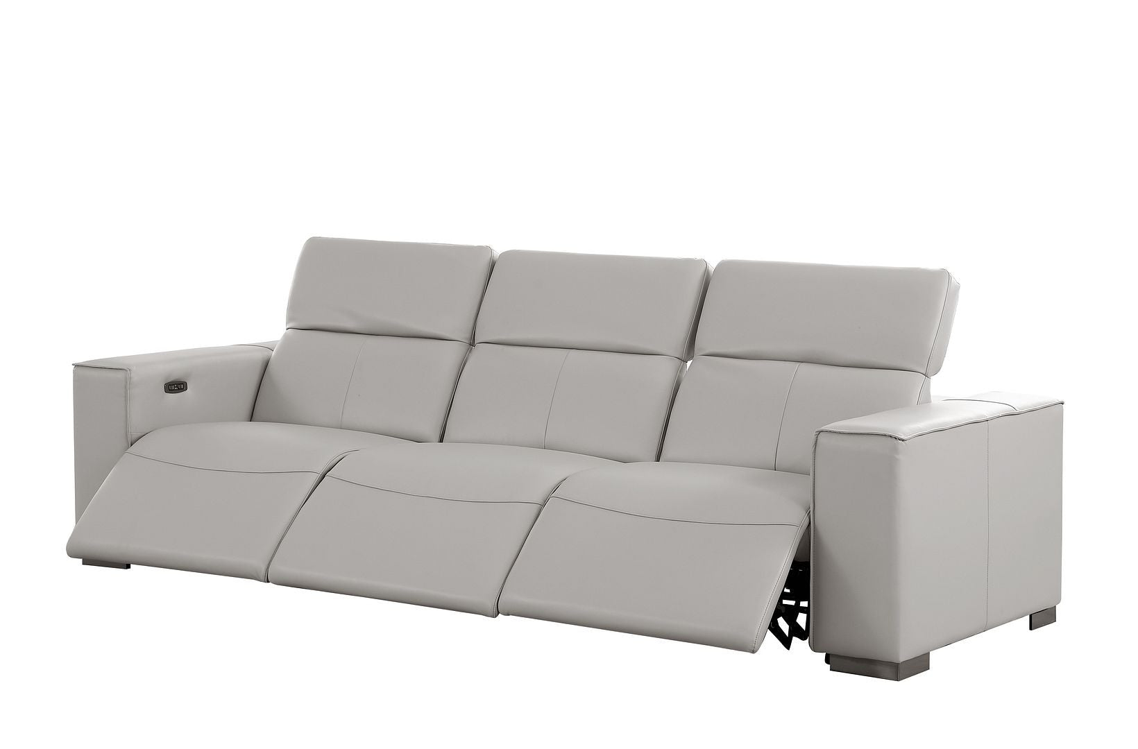 110" Light Gray Top Grain Leather Reclining USB Sofa - Living Room