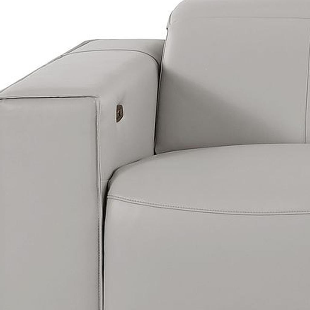110" Light Gray Top Grain Leather Reclining USB Sofa - Living Room