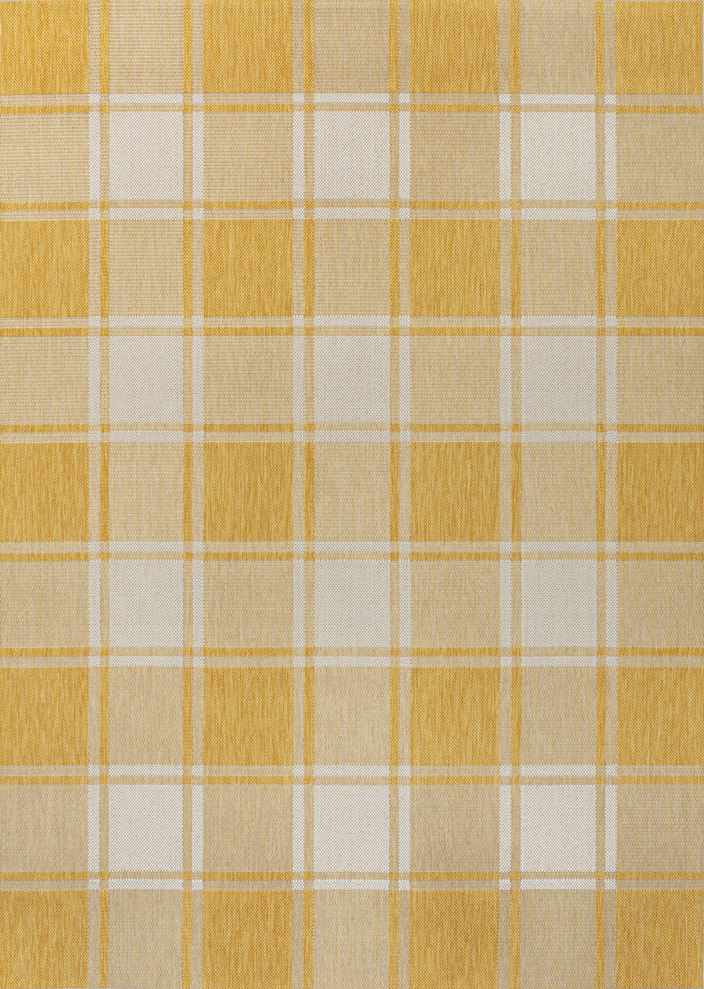 Yellow and cream gingham area rug with repeating square plaid grid pattern