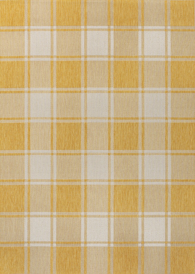 Yellow and cream gingham area rug with repeating square plaid grid pattern