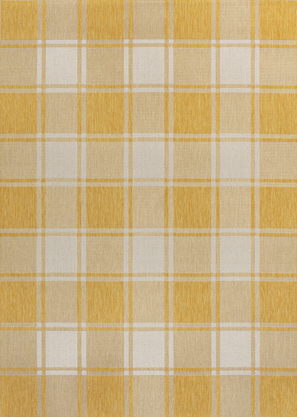 Yellow and cream gingham area rug showing woven plaid squares and stripes