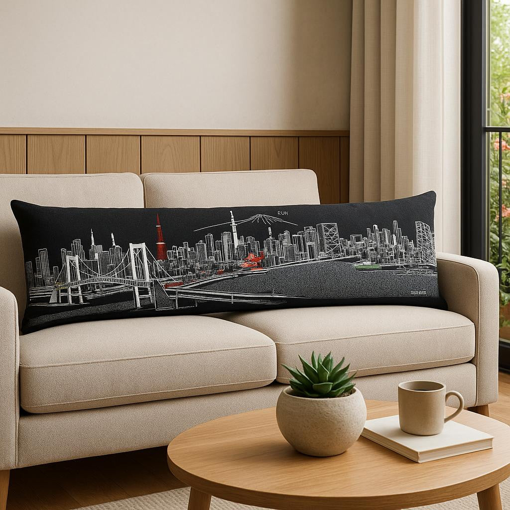 14" X 46" Dark Gray And White Tokyo Nighttime Skyline Lumbar Decorative Pillow - Home & Garden