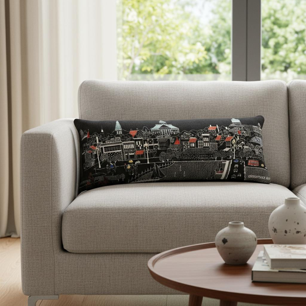 14" X 35" Dark Gray And White Annapolis Nighttime Skyline Lumbar Decorative Pillow - Home & Garden