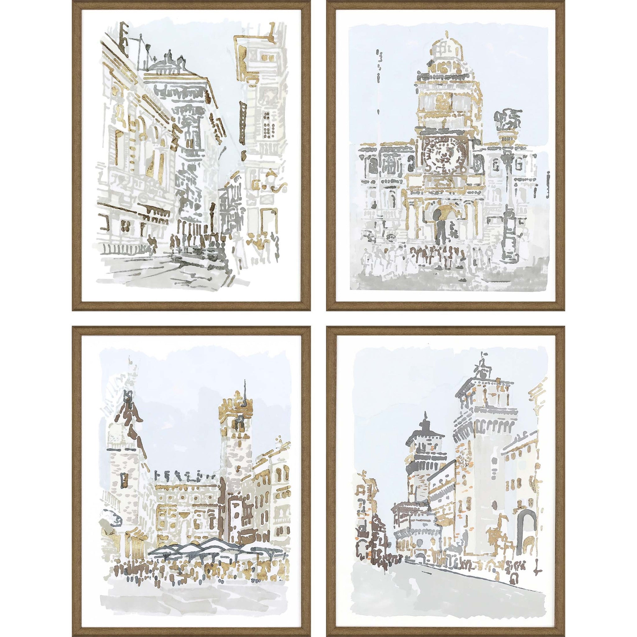 Set Of Four Street Scenes Gold Framed Print Wall Art - Home Decor