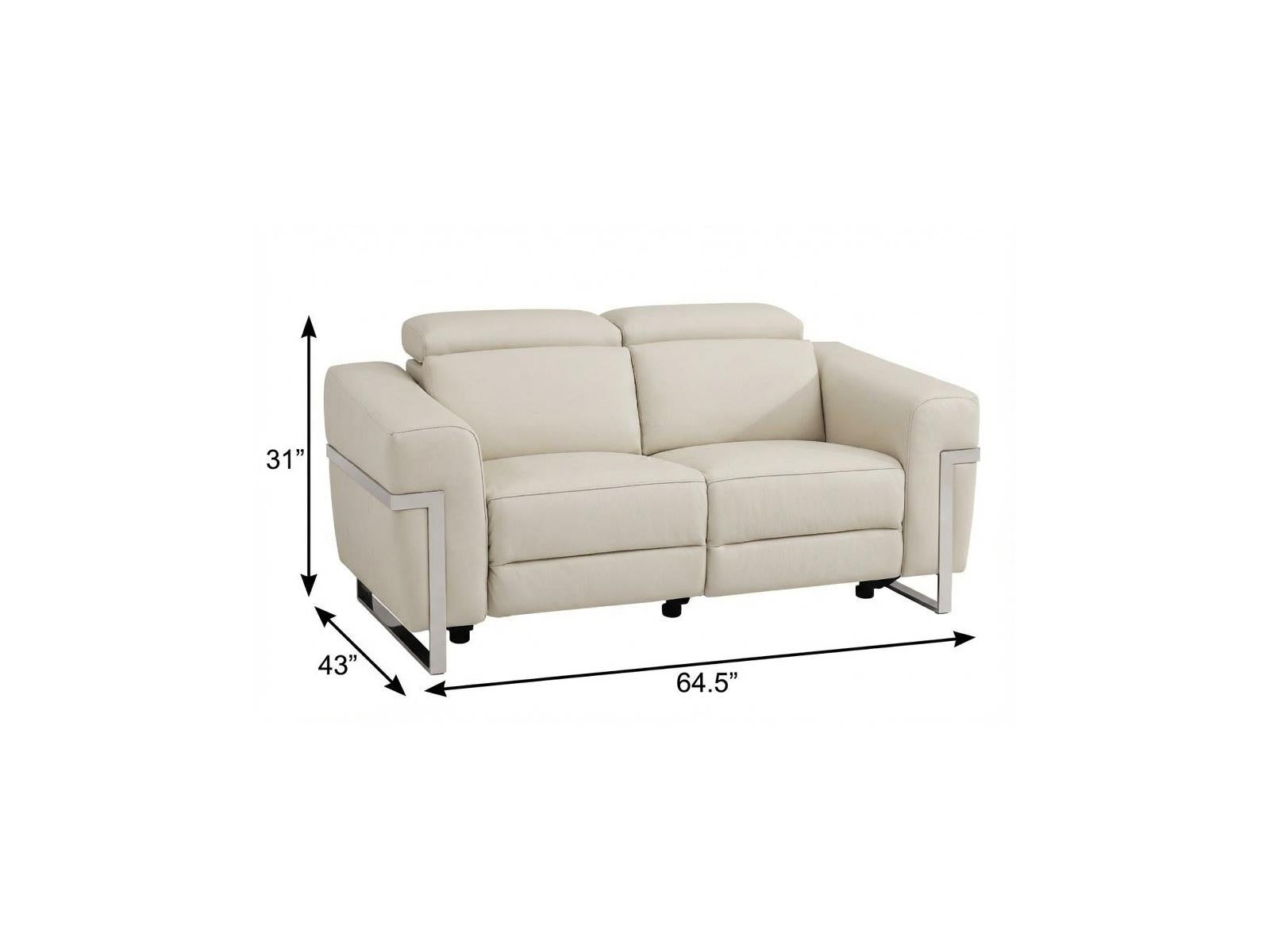 65" Beige And Silver Italian Leather Power Reclining Loveseat - Living Room