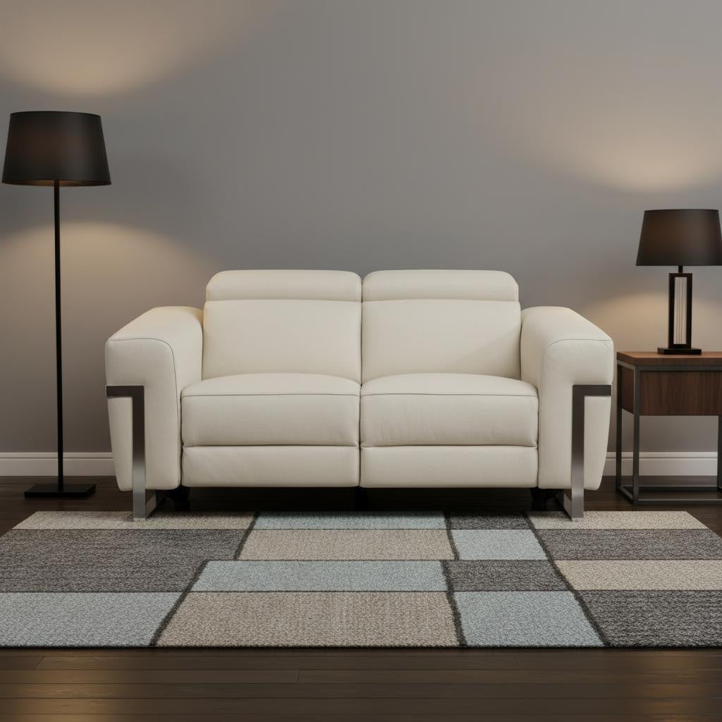 65" Beige And Silver Italian Leather Power Reclining Loveseat - Living Room