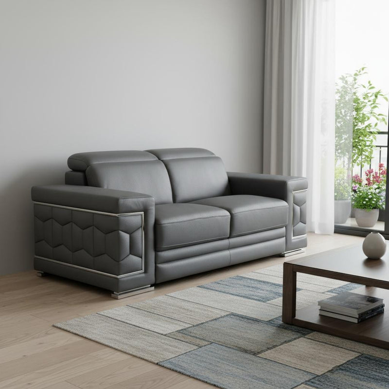 71" Gray And Silver Genuine Leather Love Seat - Living Room