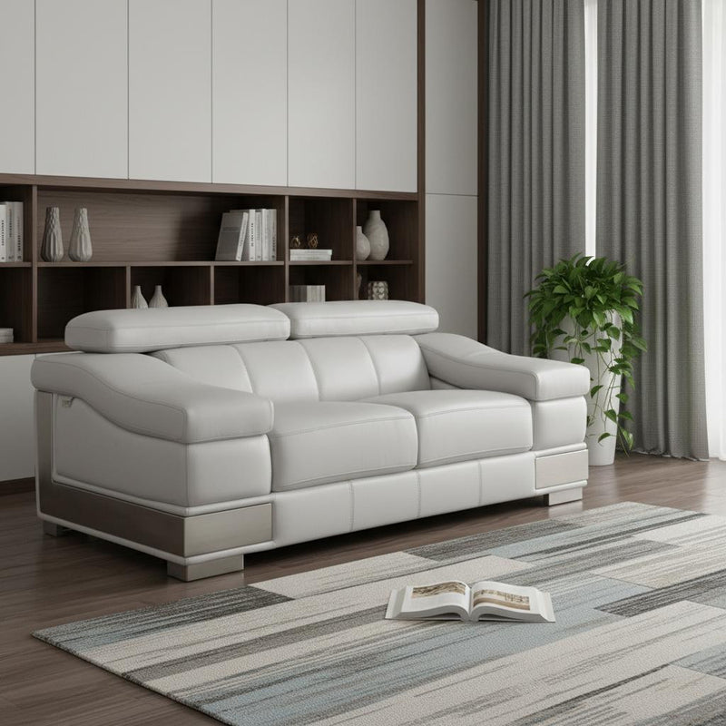 73" Light Gray And Silver Genuine Leather Love Seat - Living Room