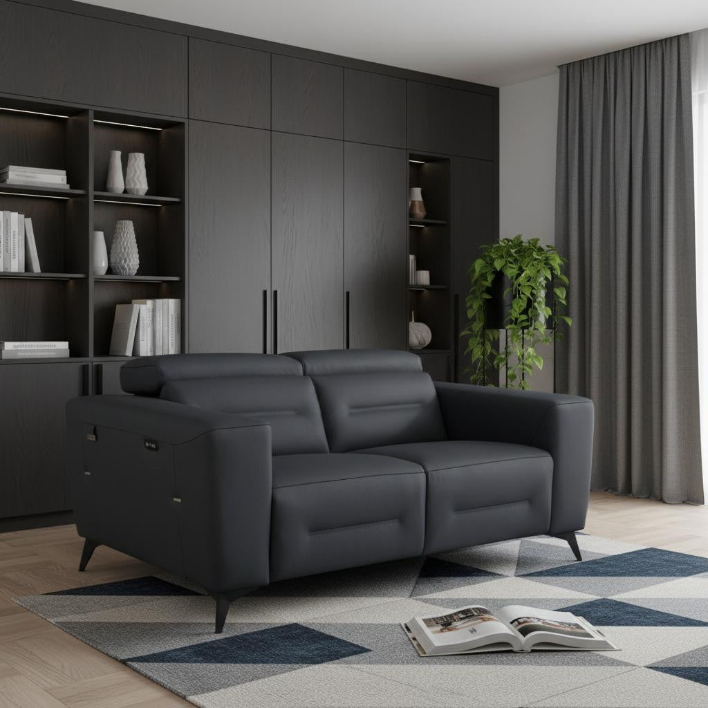 65" Gray And Black Italian Leather Power Reclining Loveseat - Living Room