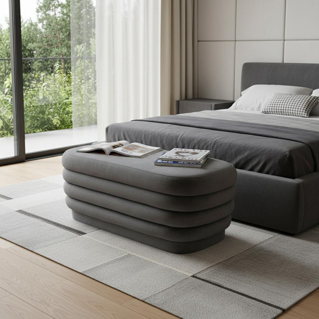 44" Gray Velvet Tufted Oval Ottoman - Living Room