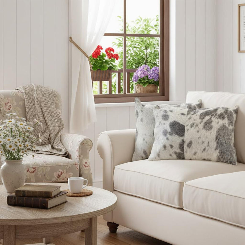 Set Of 2 Gray And White Natural Cowhide Pillows - Home Decor