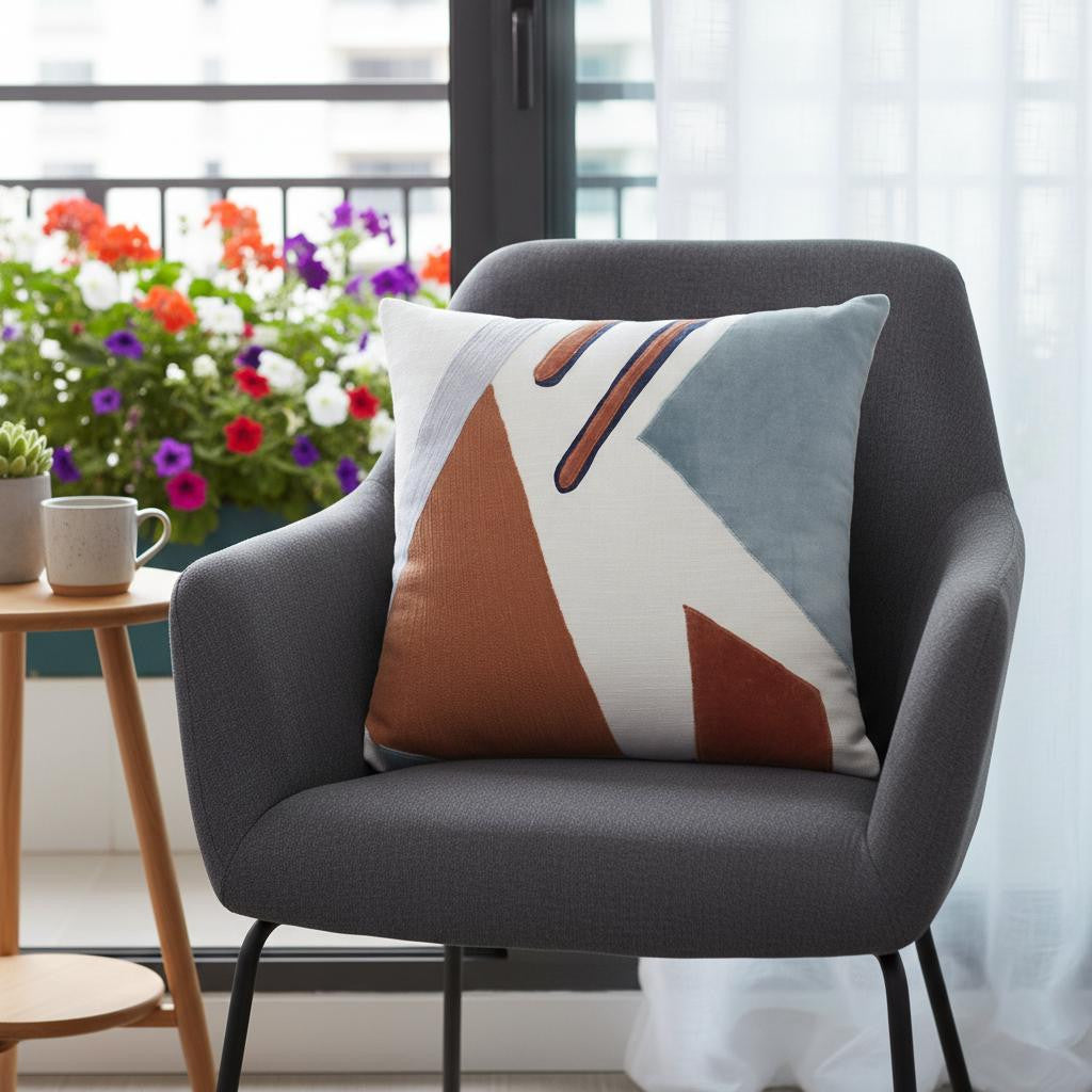 20" X 20" Brown Blue And Off-White 100% Cotton Abstract Zippered Pillow - Home & Garden