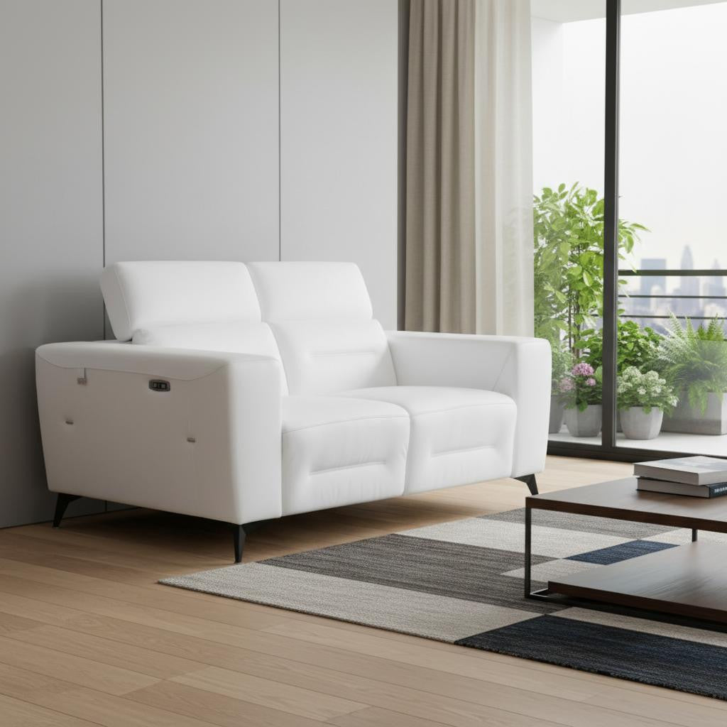 65" White And Black Italian Leather Power Reclining Loveseat - Living Room